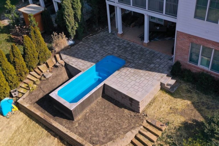 Little Pool Co Relax 6.3 installed above ground Sapphire color birdseye 1000x750